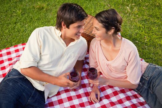 Man and a woman smiling as they look at each other while holding glasses of red wine during a picnic