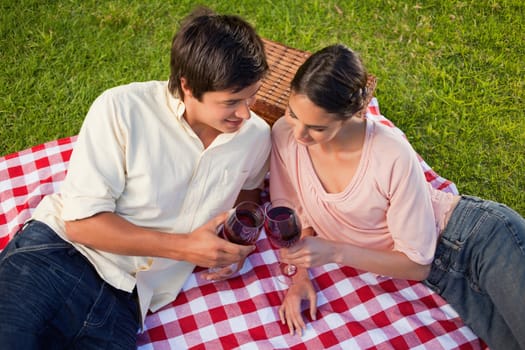 Man and a woman looking towards the blanket as they are holding glasses of wine during a picnic