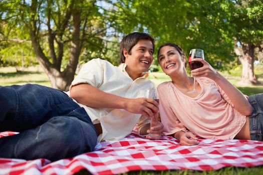 Man and a woman smiling and looking ahead of the while holding glasses of red wine during picnic
