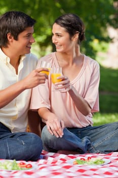 Man and a woman smiling while they touch glasses of orange juice during a picnic
