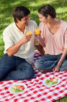 Man and a woman smiling as they raise their glasses of orange juice during a picnic with salad in from on them