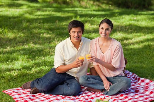 Woman and a man looking straight ahead of them while touching glasses of orange juice during a picnic 