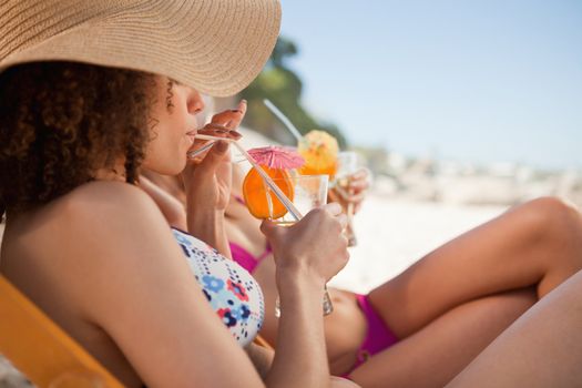 Side view of an attractive woman sipping her fruit cocktail accompanied by a friend