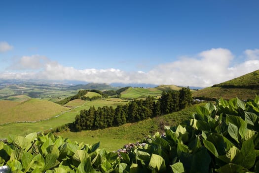 Aerial view to the city and valley, San Miguel island, Azores