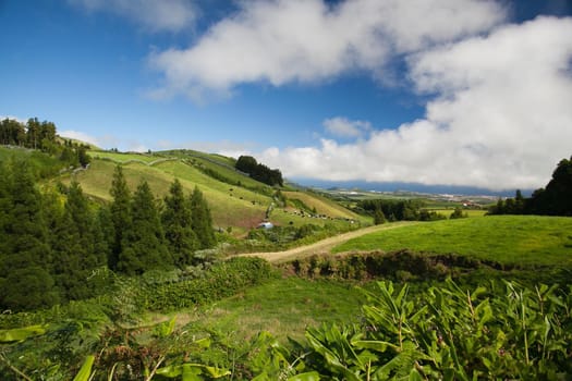 Aerial view to the city and valley, San Miguel island, Azores