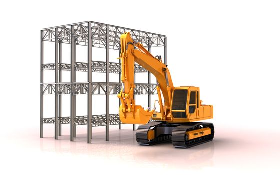 Building site: metal construction and excavator white background, slight shadow and reflection