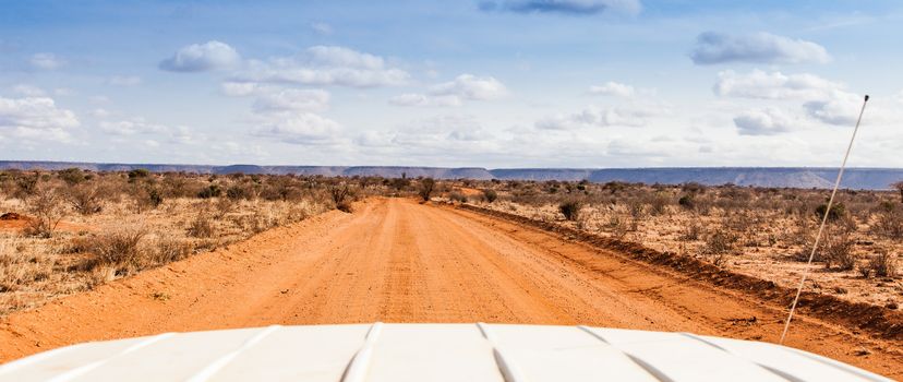 Turist point of view from a safari vehicle in Kenya, Tsavo East National Park