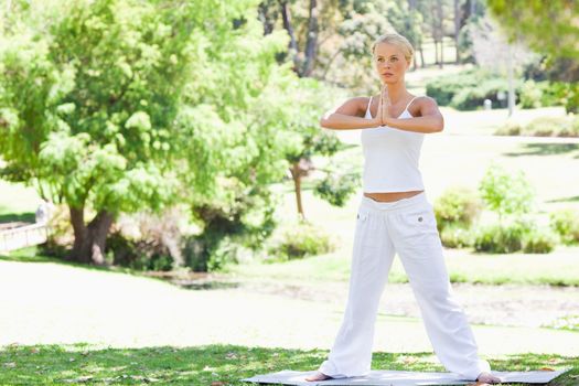 Young woman doing yoga exercises outdoors