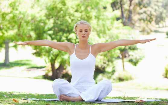 Young woman in the park doing her yoga exercises