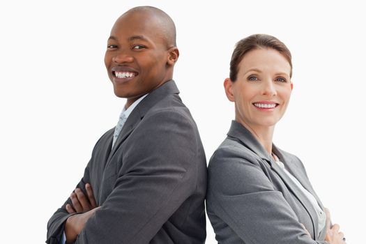 Business man and woman are smiling