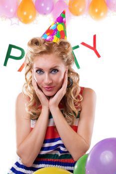 Surprised pinup girl with baloons and party word on white