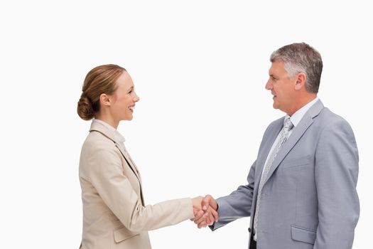 Business people shaking their hands against white background