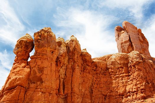 Red Rock Formations in Arches National Park with dramatic Blue Sky
