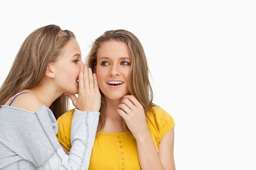 Blonde student whispering to her beautiful friend against white background