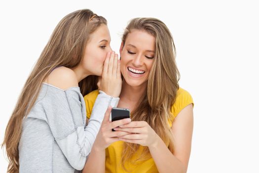 Young woman whispering to her friend who's texting on her phone against white background
