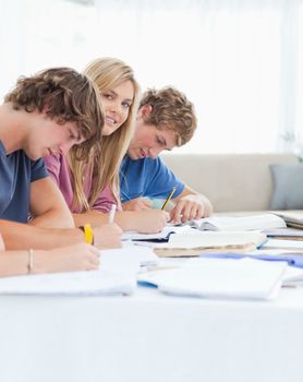 A close up shot of a smiling girl as she looks into the camera with her friends who are studying 