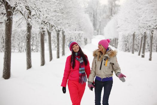 two women walk by winter alley snow trees on background