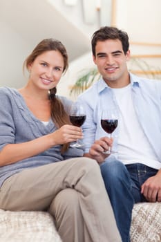 Portrait of a young couple having a glass of red wine in their living room