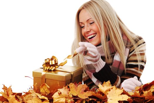  woman take autumn gift isolated in studio