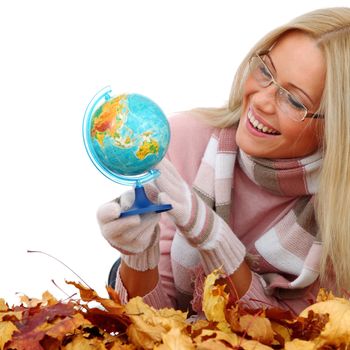 woman take globe isolated in studio