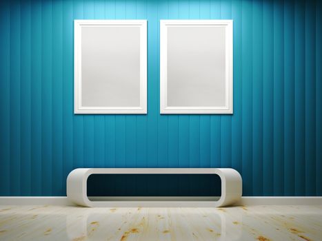 White frame and blue wall interior 3d rendering