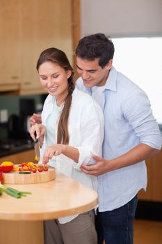 Portrait of a man teaching how to cook to his wife in their kitchen
