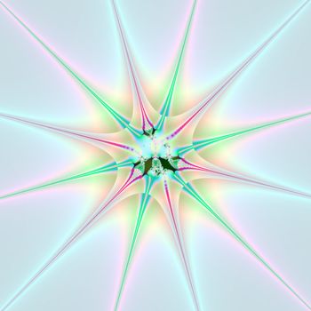 Bright and funky fractal design, abstract art, sparkling star in pink, green and light blue.
