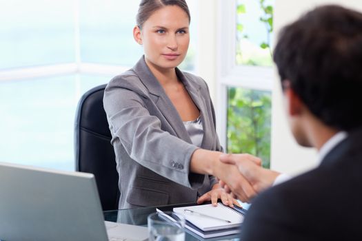 Young businesswoman shaking hands with customer