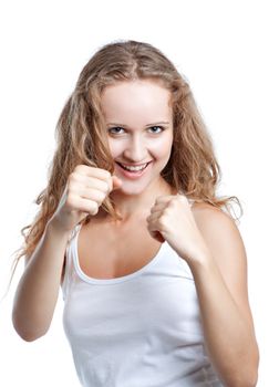 joyful woman fights isolated on white background.