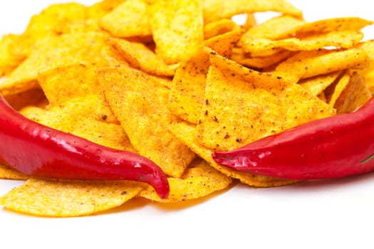 Spicy Corn Chips with Chilli Pepper on white background