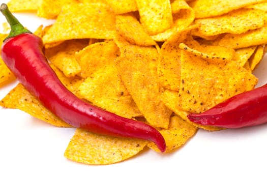 Spicy Corn Chips with Chilli Pepper on white background
