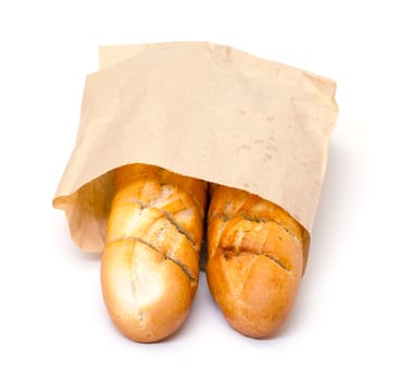 Delicious Baguette in Paper Bag, on white background