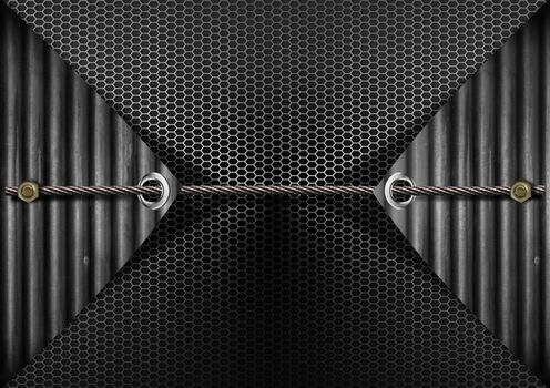 Metallic grunge background with metal cable and bolts heads



