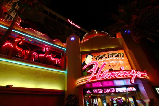 Las Vegas, USA - May 22, 2012: The Flamingo Las Vegas is a hotel and casino located on the famous Las Vegas Strip and has a art deco theme.  The Flamingo opened in 1946 and seen here is the entrance on Las Vegas Boulevard.