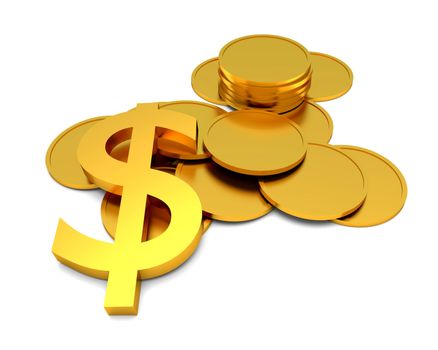Dollar sign and coins on the white background