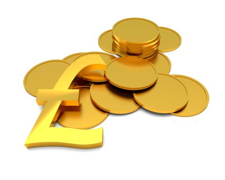 Pound sterlings sign and coins on the white background