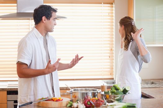 Young couple has a tensed situation in the kitchen