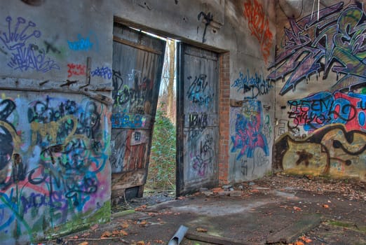 blue red brown gravity instie old building