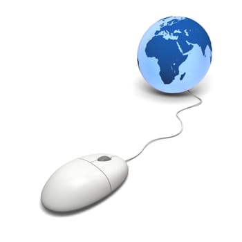 Illustration of wired computer mouse connected to planet Earth isolated on white background, concept of internet and connectivity. Elements of this image furnished by NASA