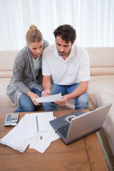 Portrait of a couple doing their accounting with a laptop in their living room