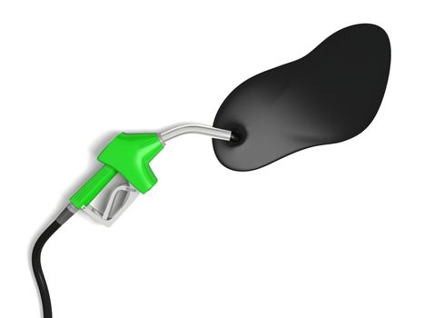 Illustration of fuel spilling out of petrol nozzle isolated on white background, concept of wastage of fossil fuels and pollution