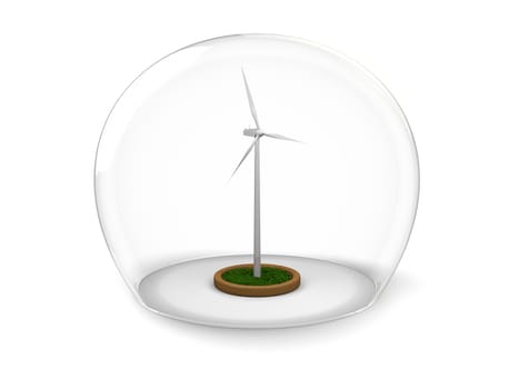 Model of windmill turbine in glass bowl, concept of environmental protection and conservation, isolated on white background