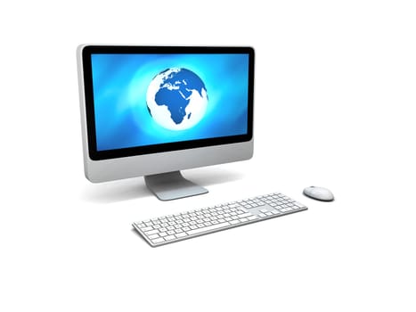 Blue glowing model of Earth on computer screen isolated on white background, concept of global computer network. Elements of this image furnished by NASA