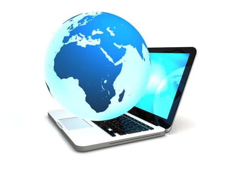 Illustration of blue Earth floating above laptop computer, concept of world wide web and portability, isolated on white background. Elements of this image furnished by NASA