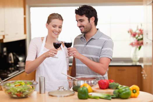 Couple drinking a glass of wine in their kitchen