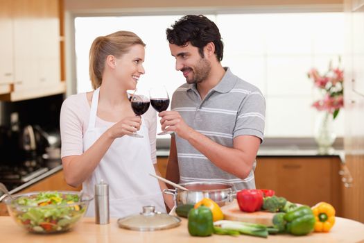 Lovely couple drinking a glass of wine in their kitchen
