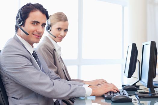 Operators using a monitor in a call center