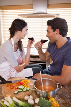 Portrait of a charming couple having a glass of wine while cooking in their kitchen