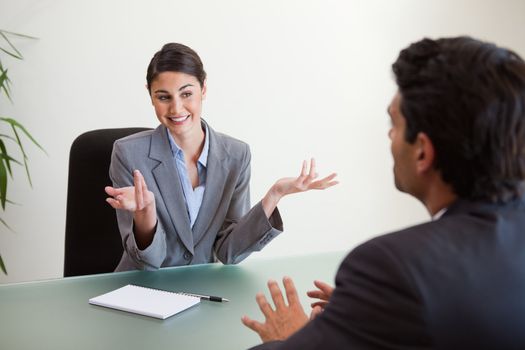 Smiling manager interviewing an employee in her office