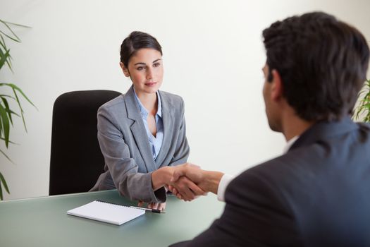 Young manager shaking the hand of a customer in her office